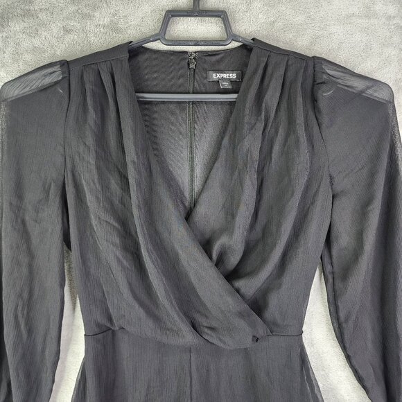Women's Black Express Romper Long Sleeve Wrap V Neck 100% Polyester Size XS - Picture 3 of 14